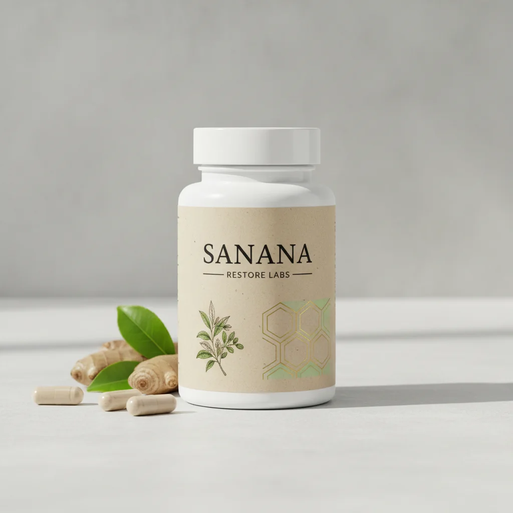 Sanana Restore Labs matglazen pot met houten deksel en designersetiket