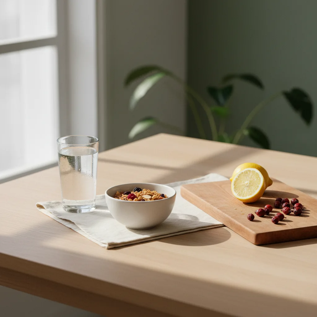 Een glas water en een bord met ontbijtgranen op een lichte houten tafel, ochtendlicht